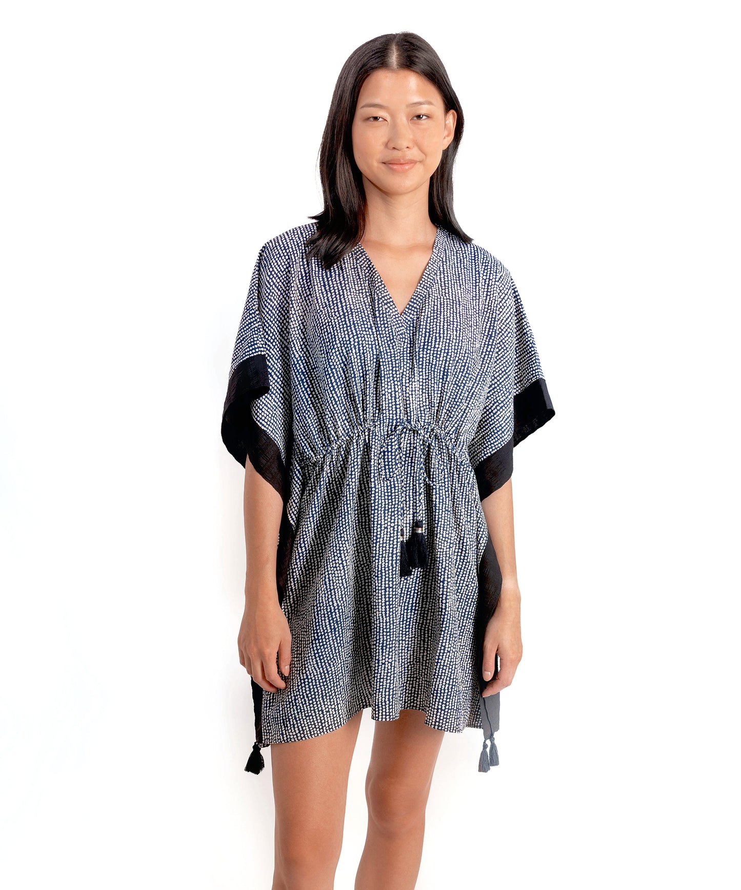 Seersucker Butterfly Tassel Caftan in color Navy on a model