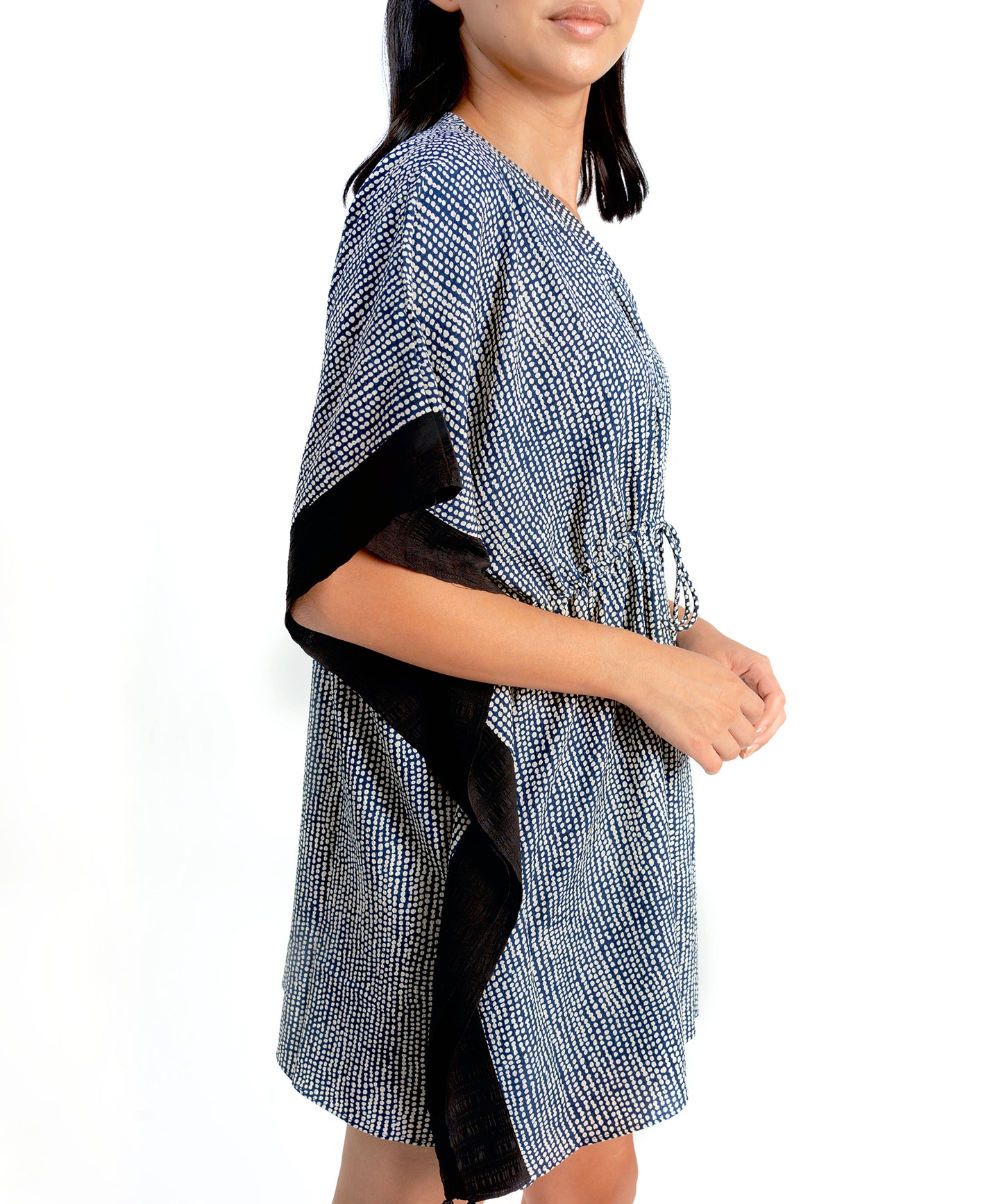 Seersucker Butterfly Tassel Caftan in color Navy on a model