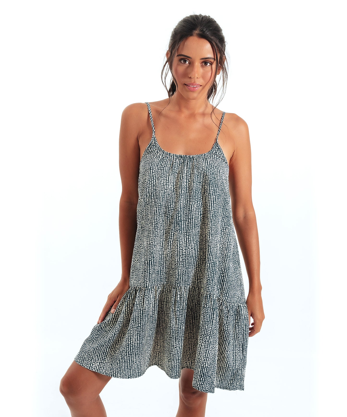 Seersucker Lilou Dress in color Navy on a model