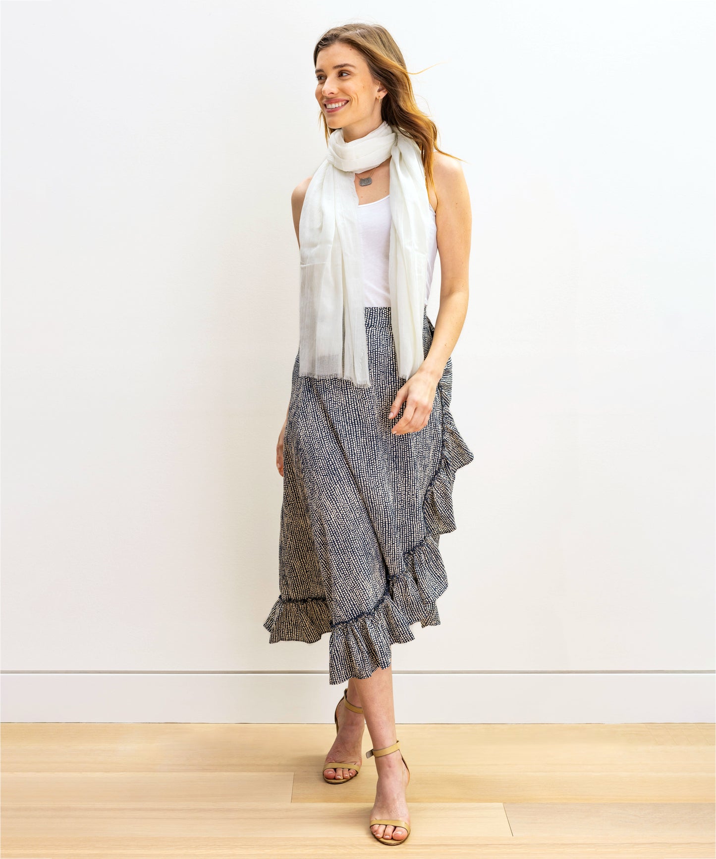 Seersucker Wrap Skirt in color Navy on a model