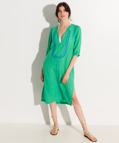 Catalina Embroidered Caftan in color Island Green on model
