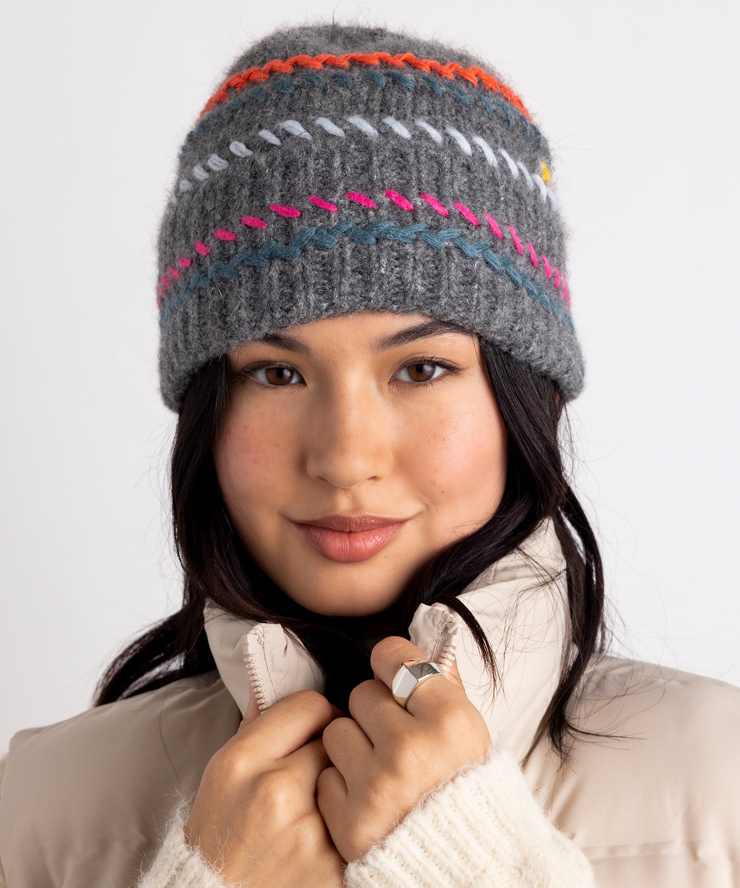 Rhapsody Beanie in color Grey Heather on a model