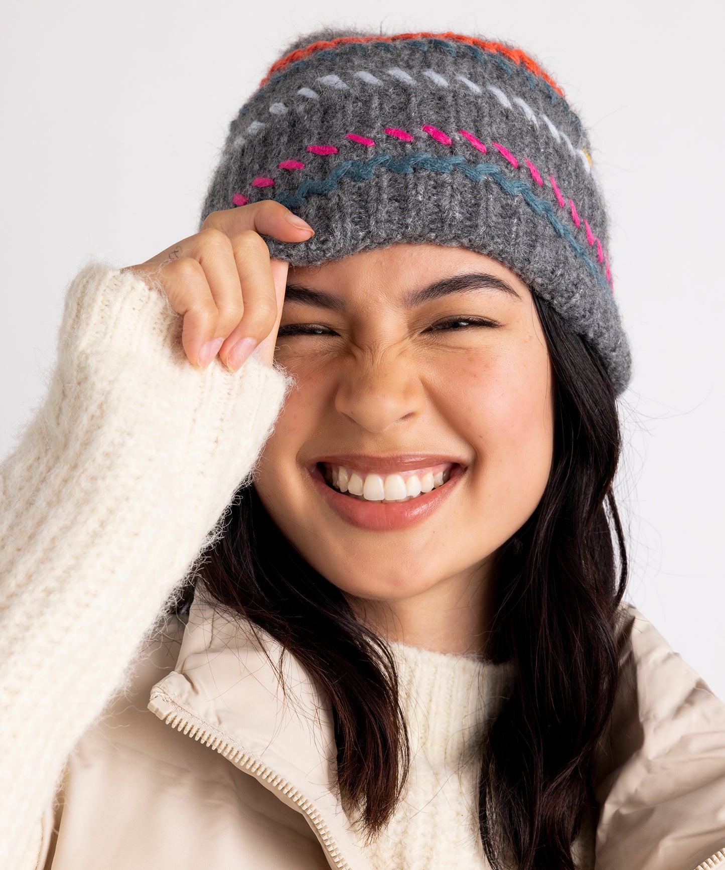 Rhapsody Beanie in color Grey Heather on a model