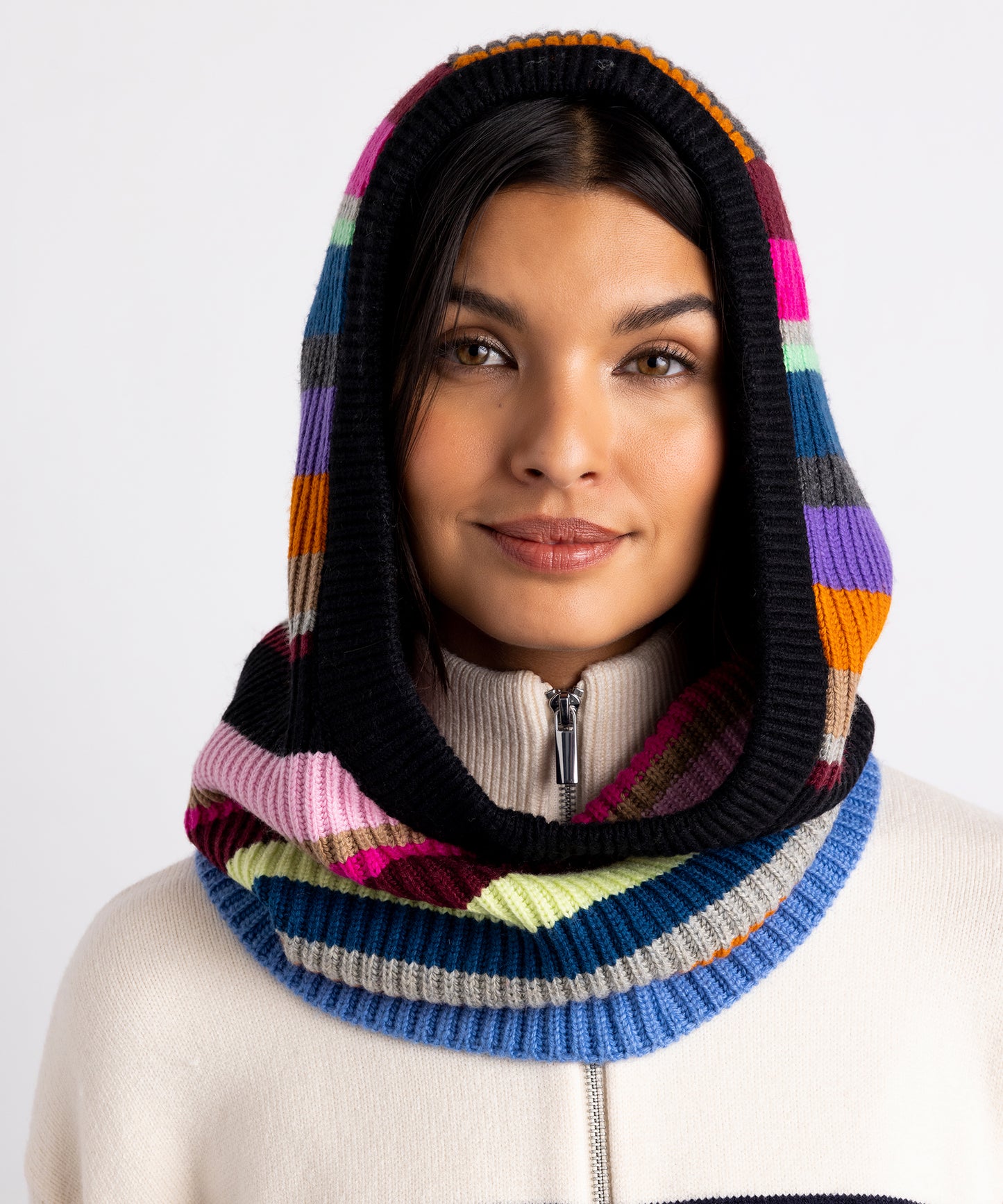 Superfine Stripe Balaclava in color Multi on a model