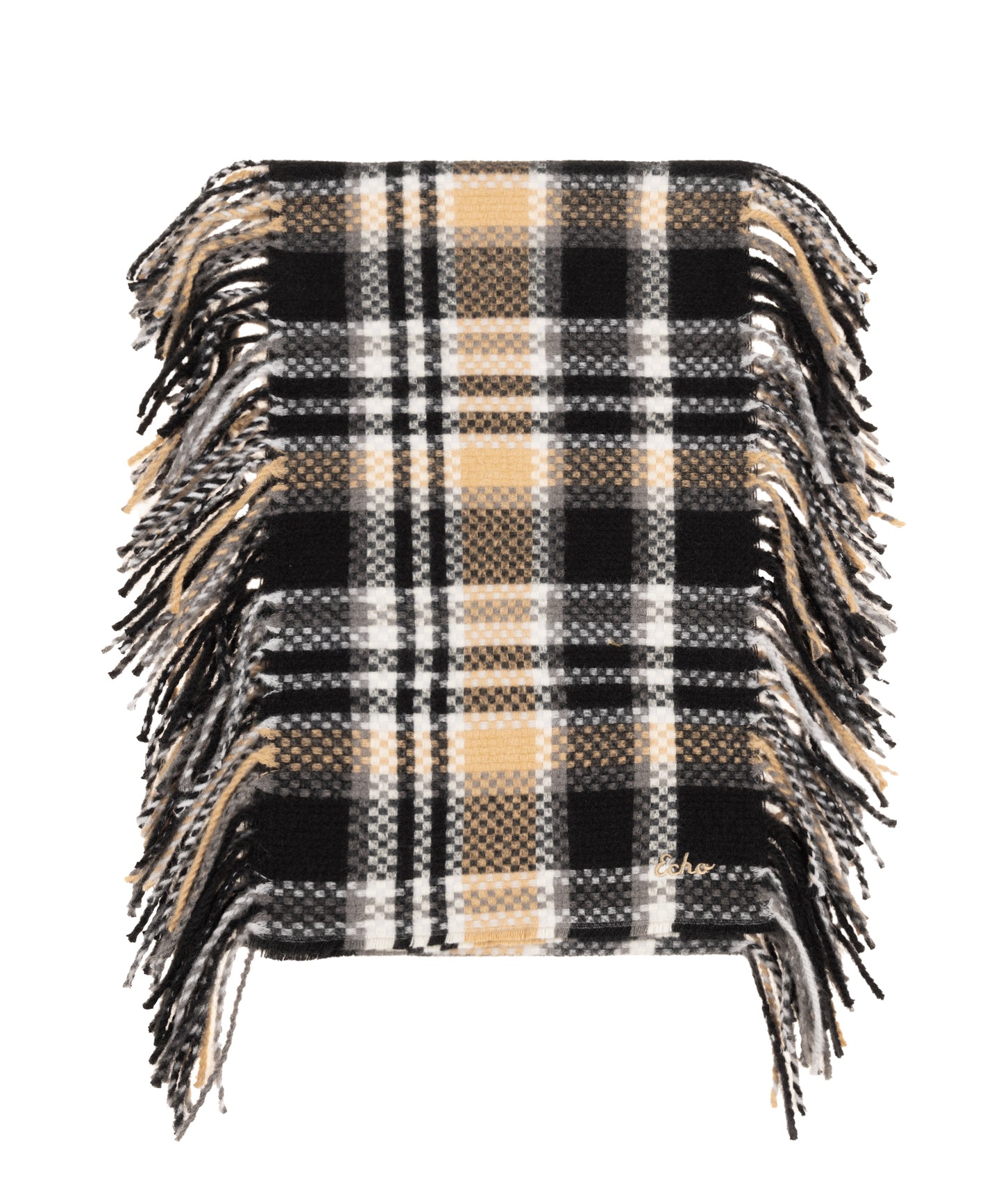 Vintage Plaid Side Fringe Scarf in color black