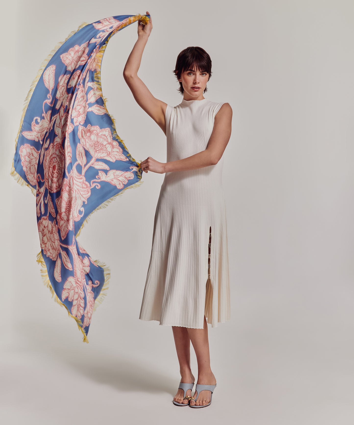 Block Floral Oversized Silk Square Scarf in color chambray