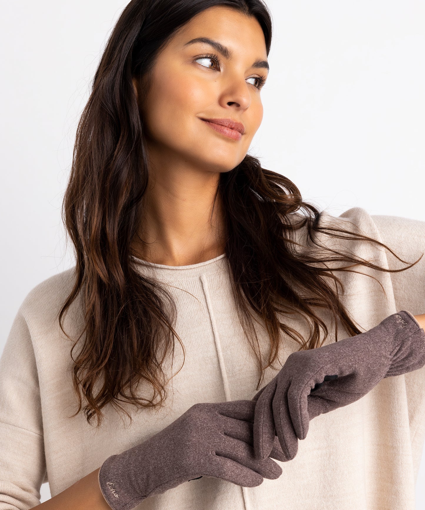 Cozy Stretch Touch Glove in color Java on a model
