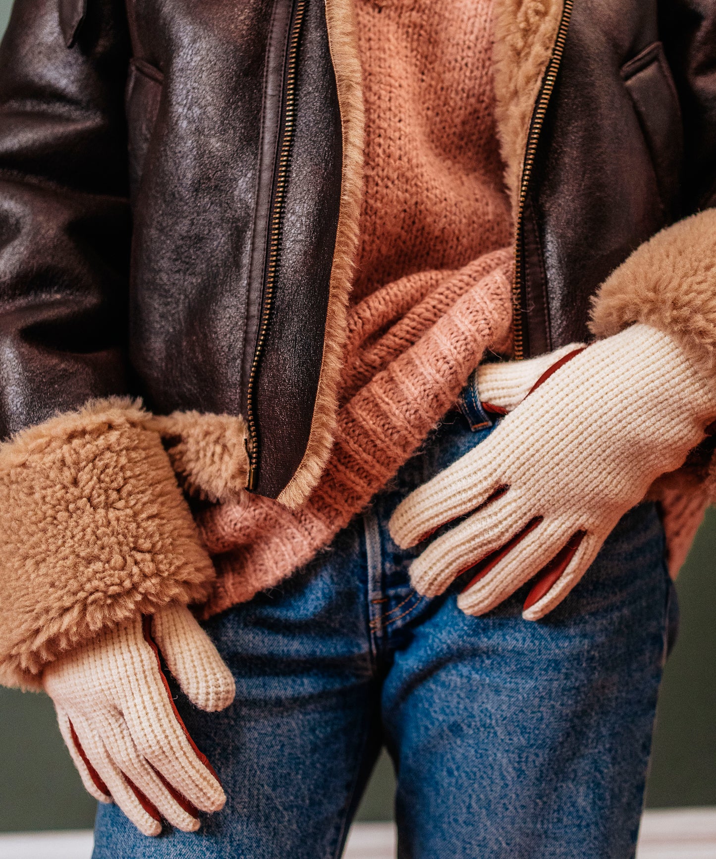 model wearing Waffle Stitch And Leather Gloves