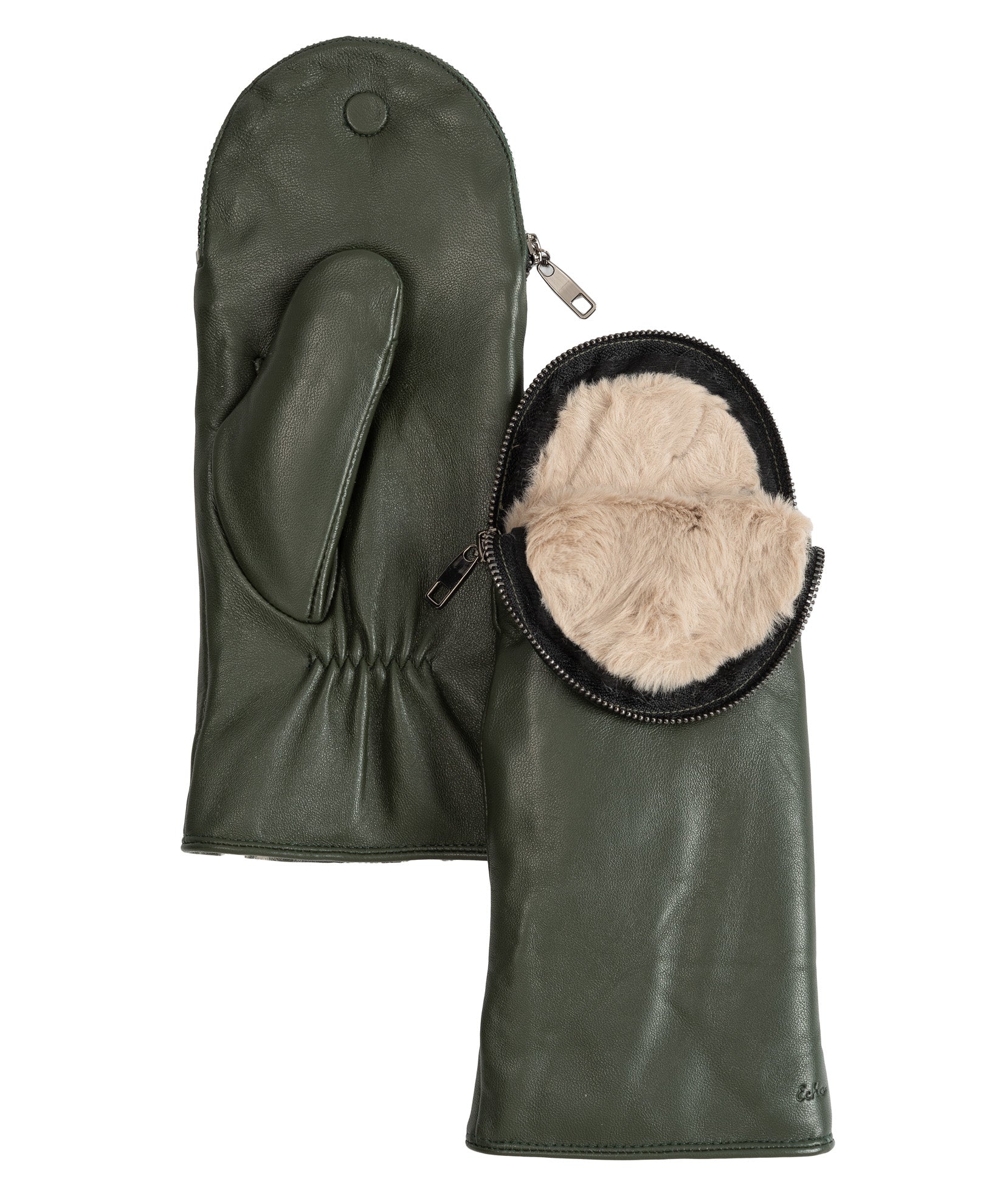 Zip-top Mitten With Faux Fur Lining in color forest green