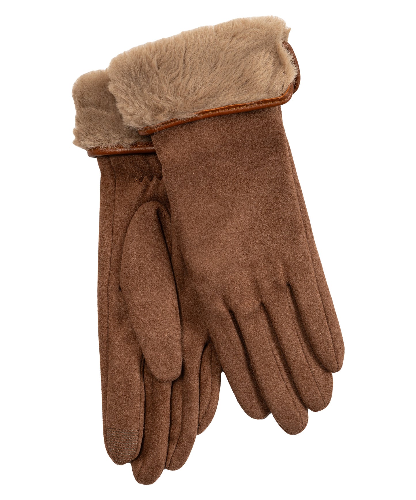Stretch Suede Fold-up Faux Fur Cuff Gloves in color chestnut