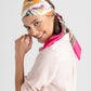 model wearing Butterfly Display Silk Square Scarf in color hibiscus