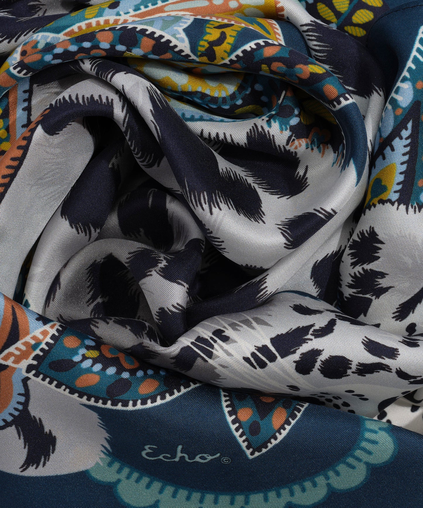 Snow Leopard Silk Wrap in color denim blue
