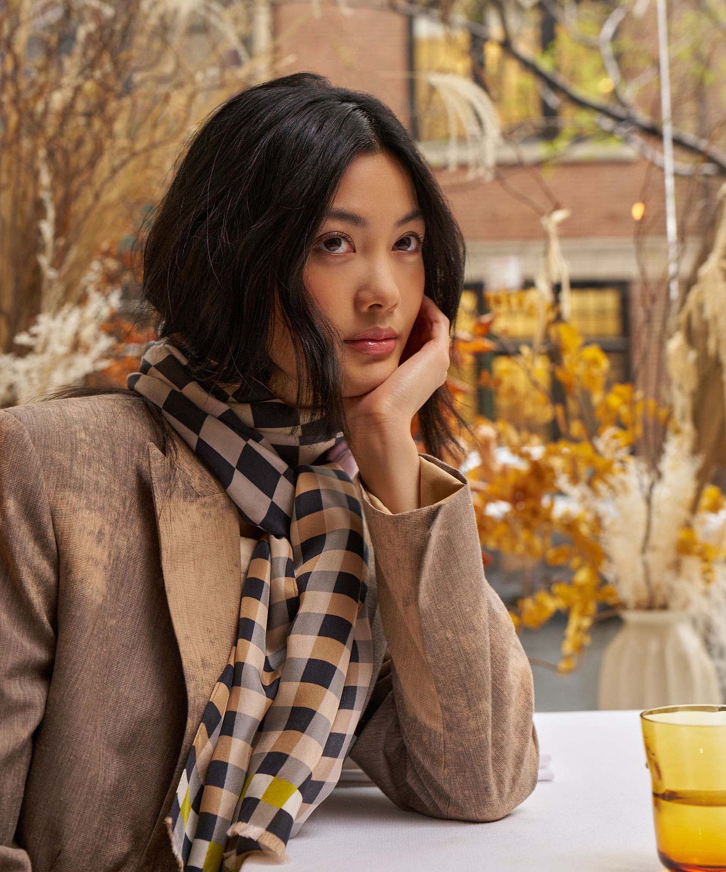Checks Checks Silk Oblong Scarf in color black