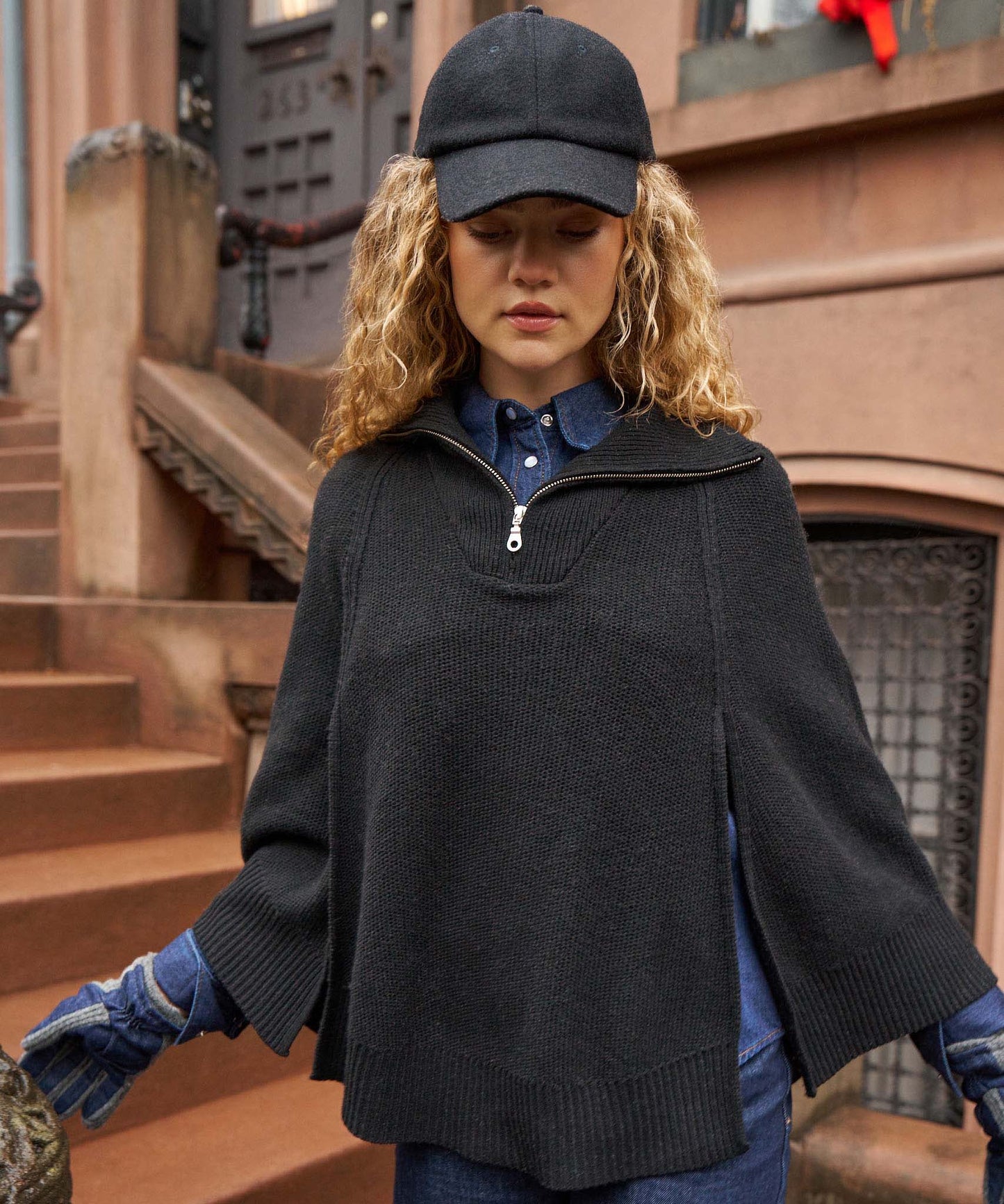 Texture Knit Poncho in color black