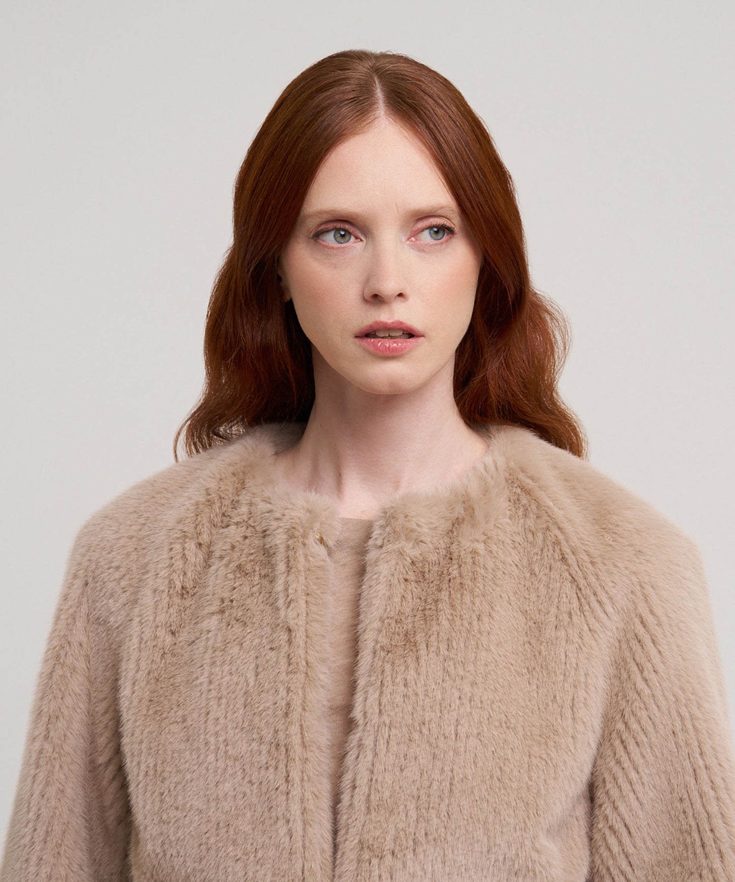 Collarless Fur Jacket With Raglan Sleeves color camel