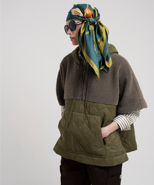 Combo Quilted Hooded Poncho in color olive