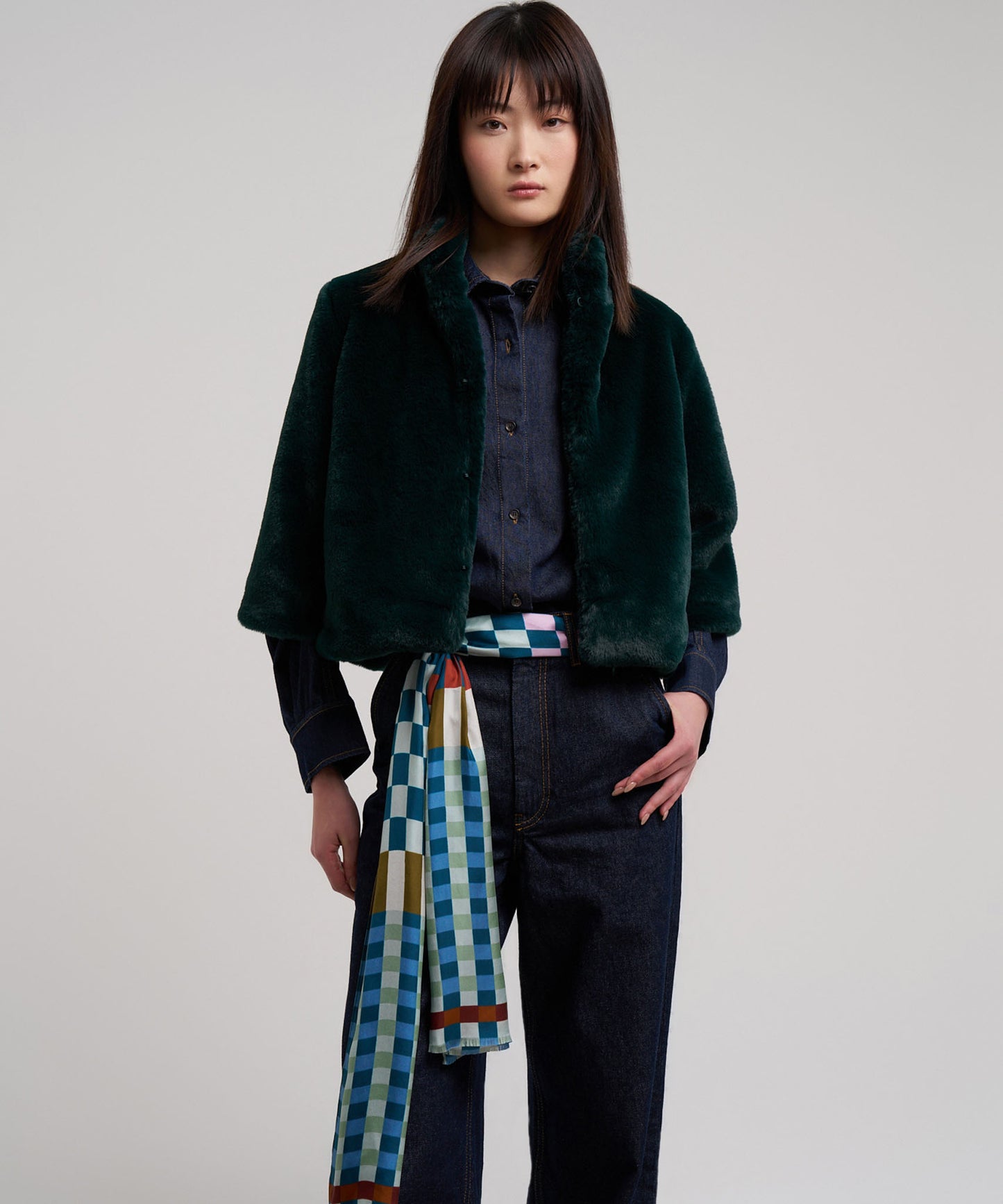 Checks Checks Silk Oblong Scarf in color olive
