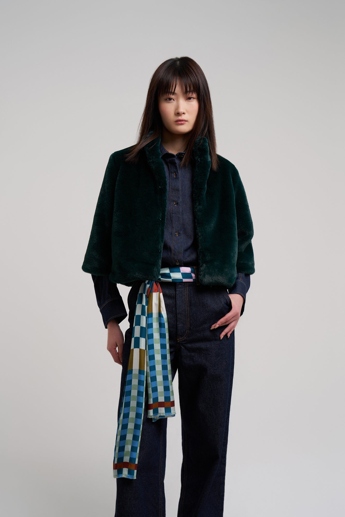 Sheared Mink Faux Fur Jacket in color bottle green
