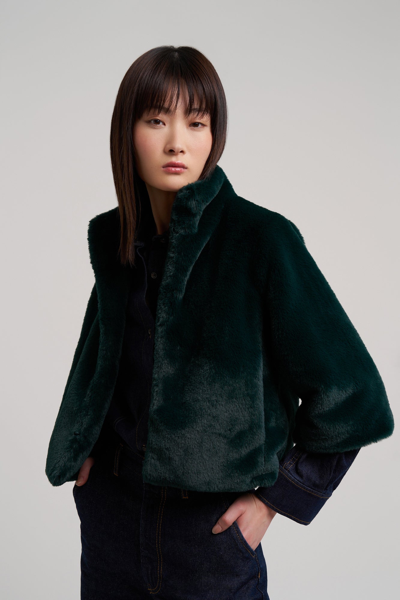 Sheared Mink Faux Fur Jacket in color bottle green