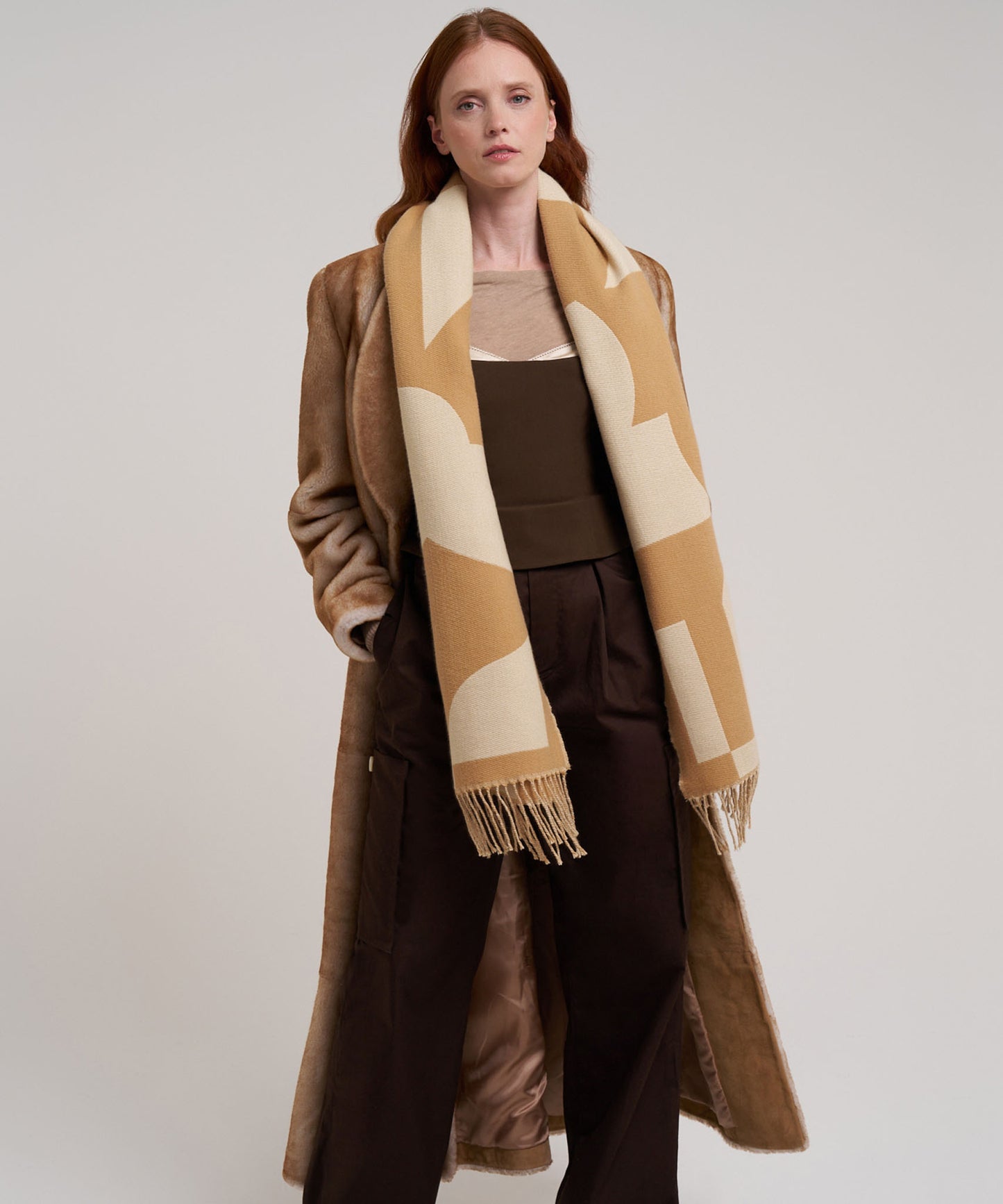 Geo Double Face Jacquard Scarf in color camel