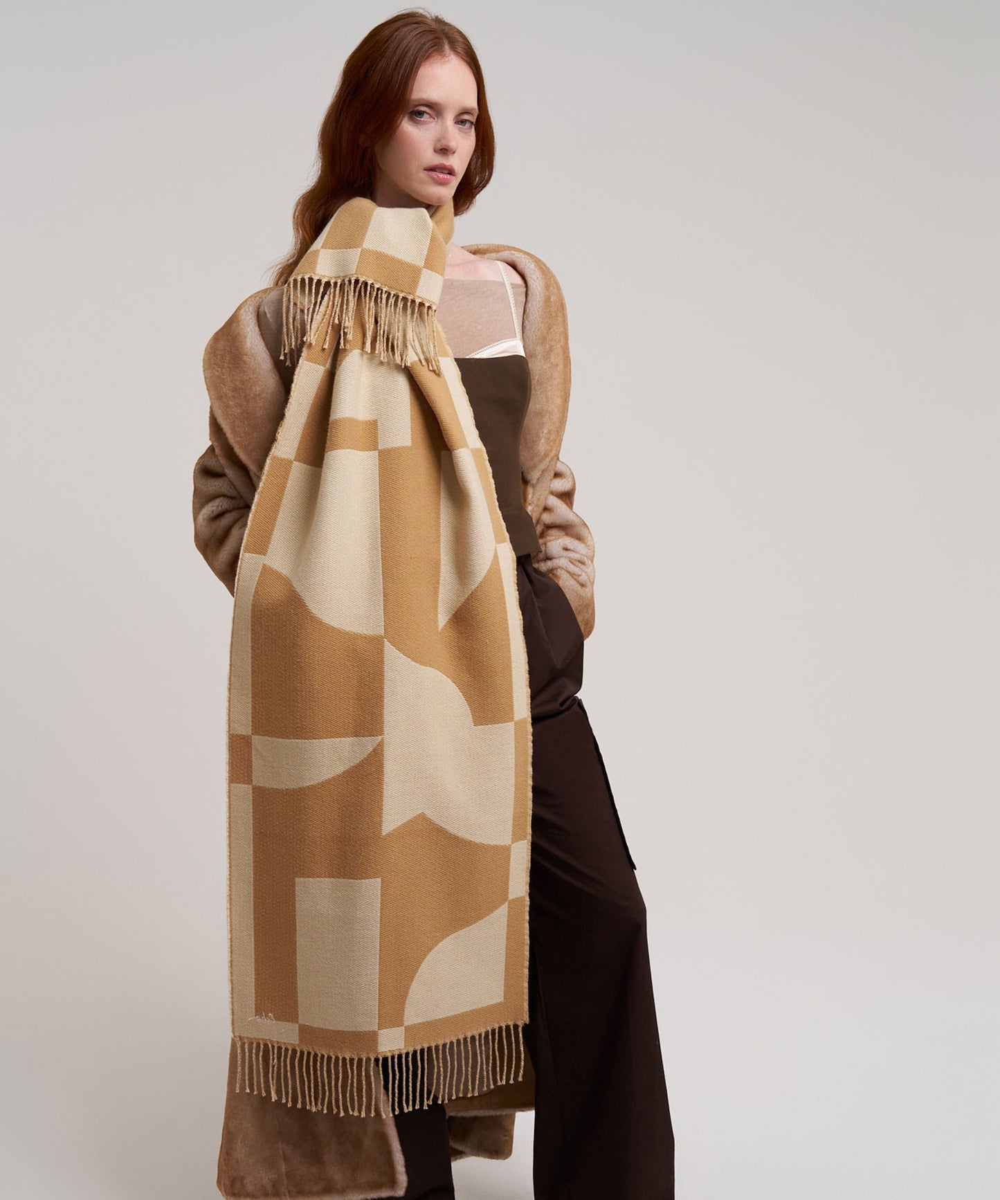Geo Double Face Jacquard Scarf in color camel