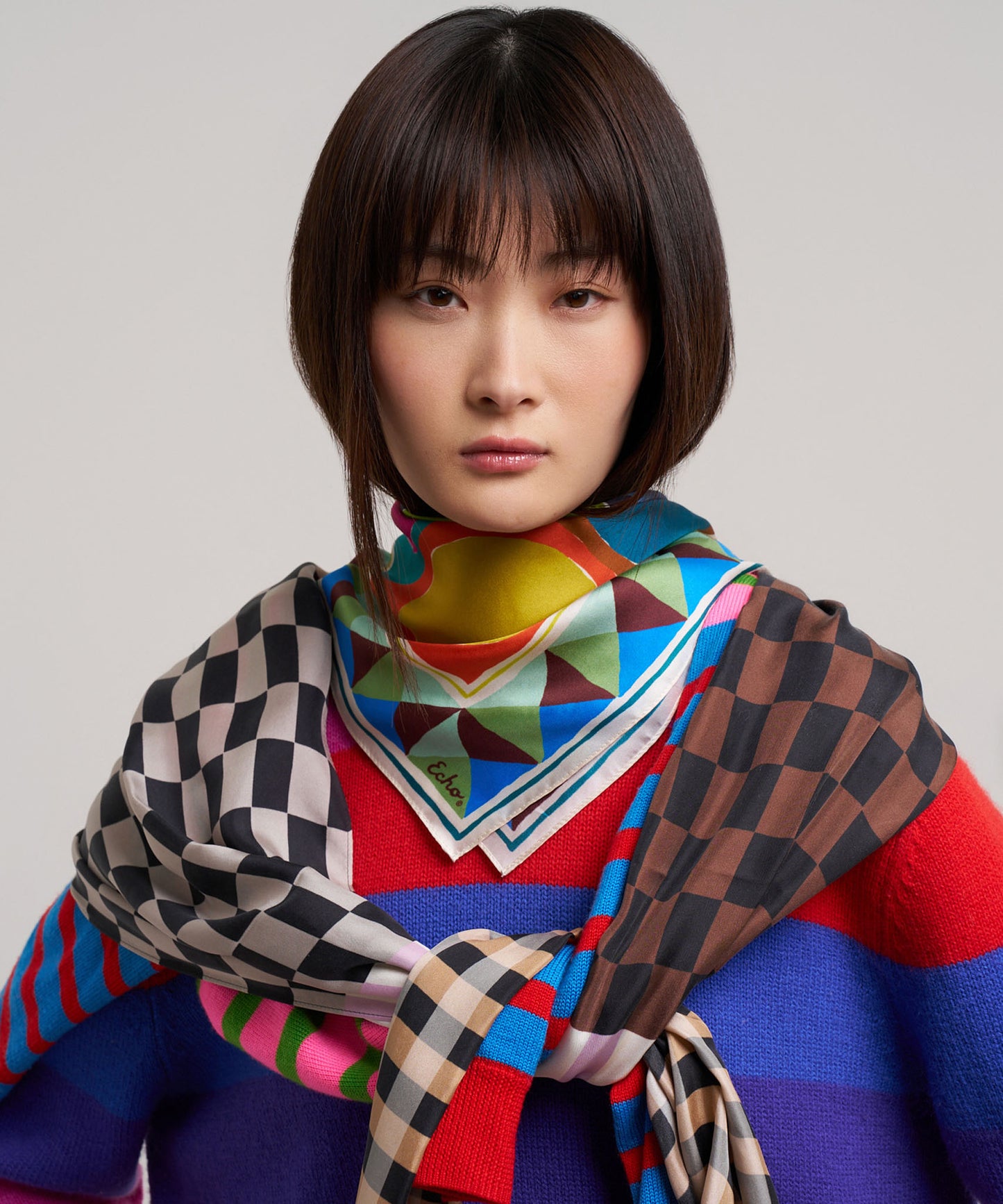 Checks Checks Silk Oblong Scarf in color black