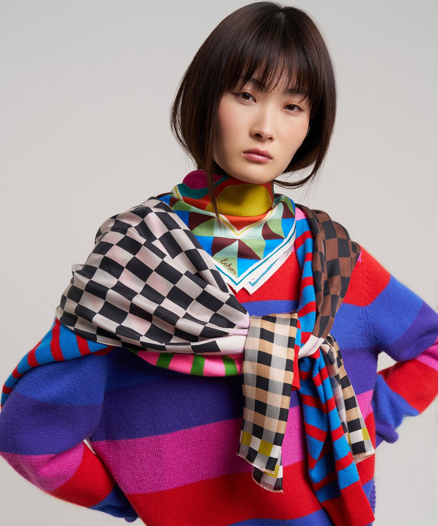 Checks Checks Silk Oblong Scarf in color black