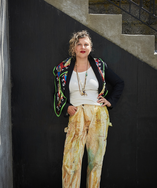 Olga Naiman wearing her echo100 scarf design