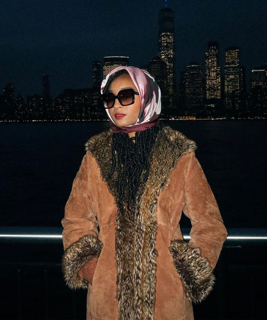 Diana Sinclair wearing her echo100 scarf on her head