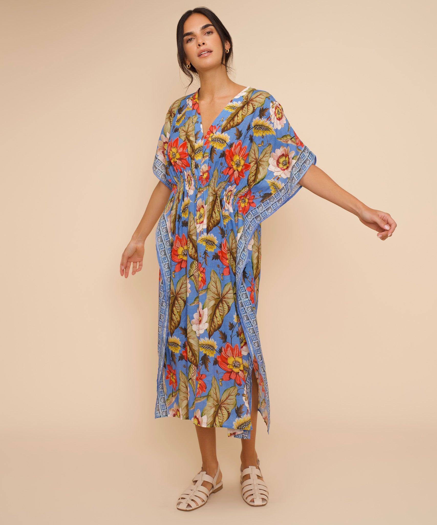Tile Floral Maxi Caftan in Vista Blue