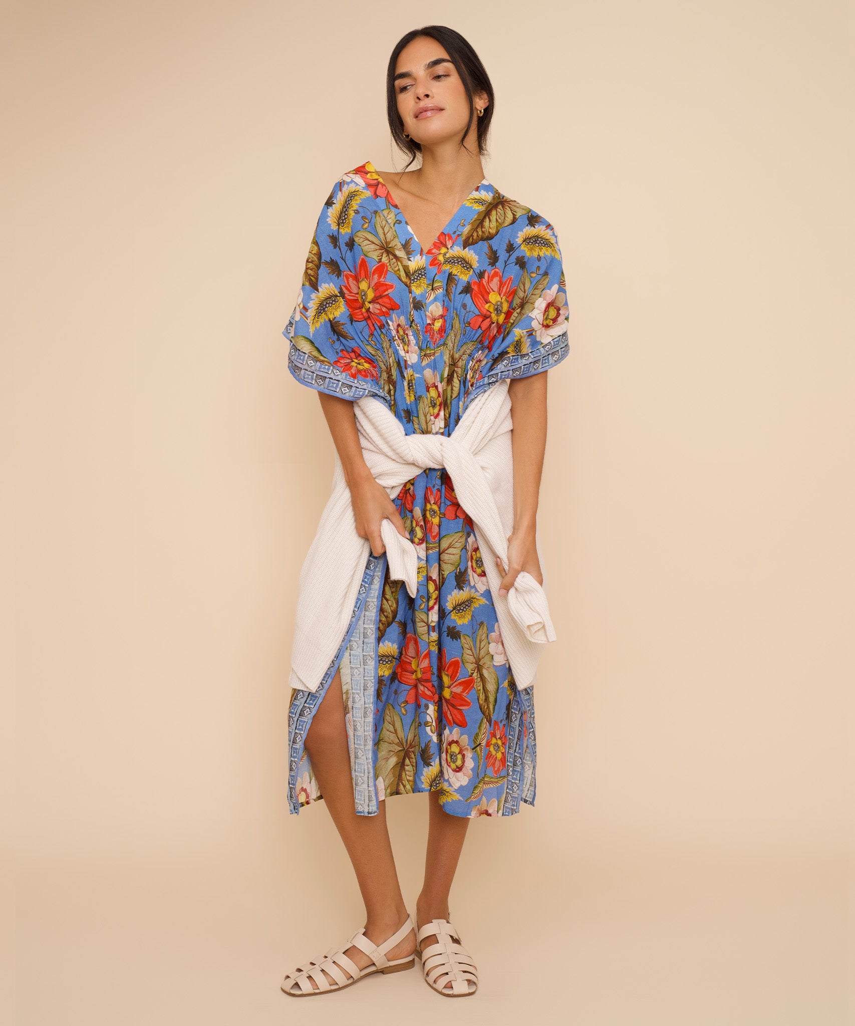 Tile Floral Maxi Caftan in Vista Blue