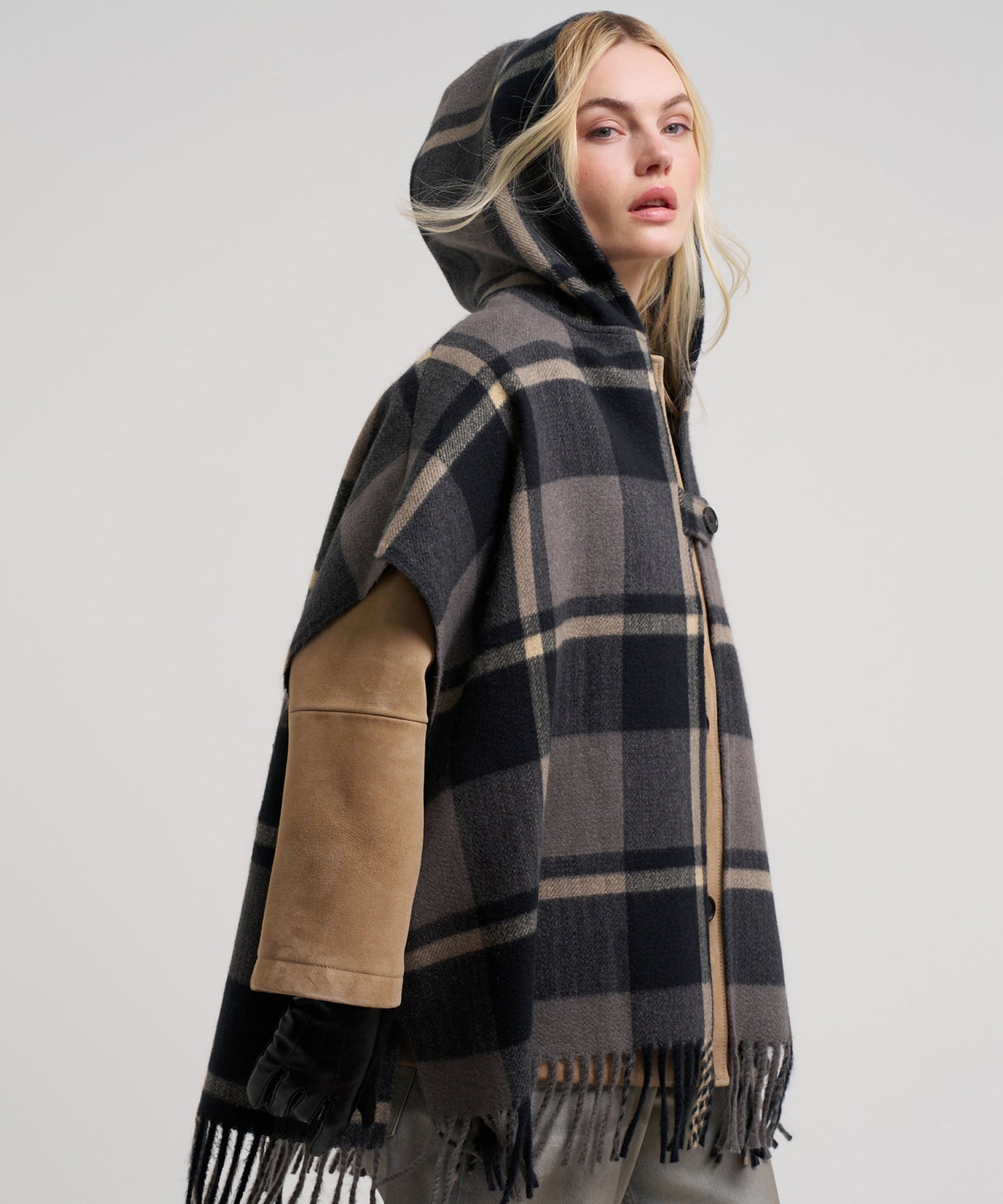 Windowpane Hooded Ruana in color charcoal