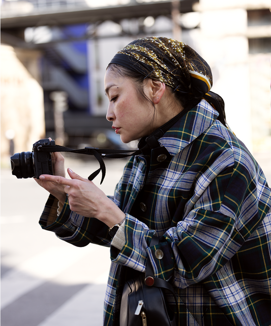 Rei Shito wearing her echo100 scarf design on her head
