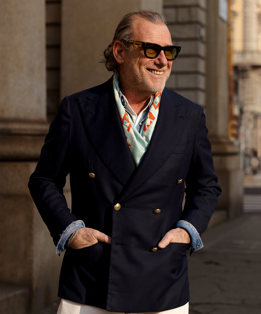 Alessandro Squarzi wearing his scarf design