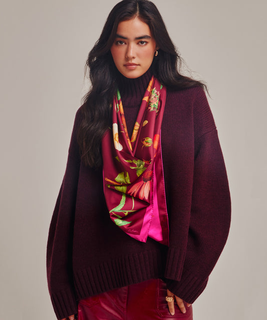 The Botanists 35" Silk Square Scarf in color fig