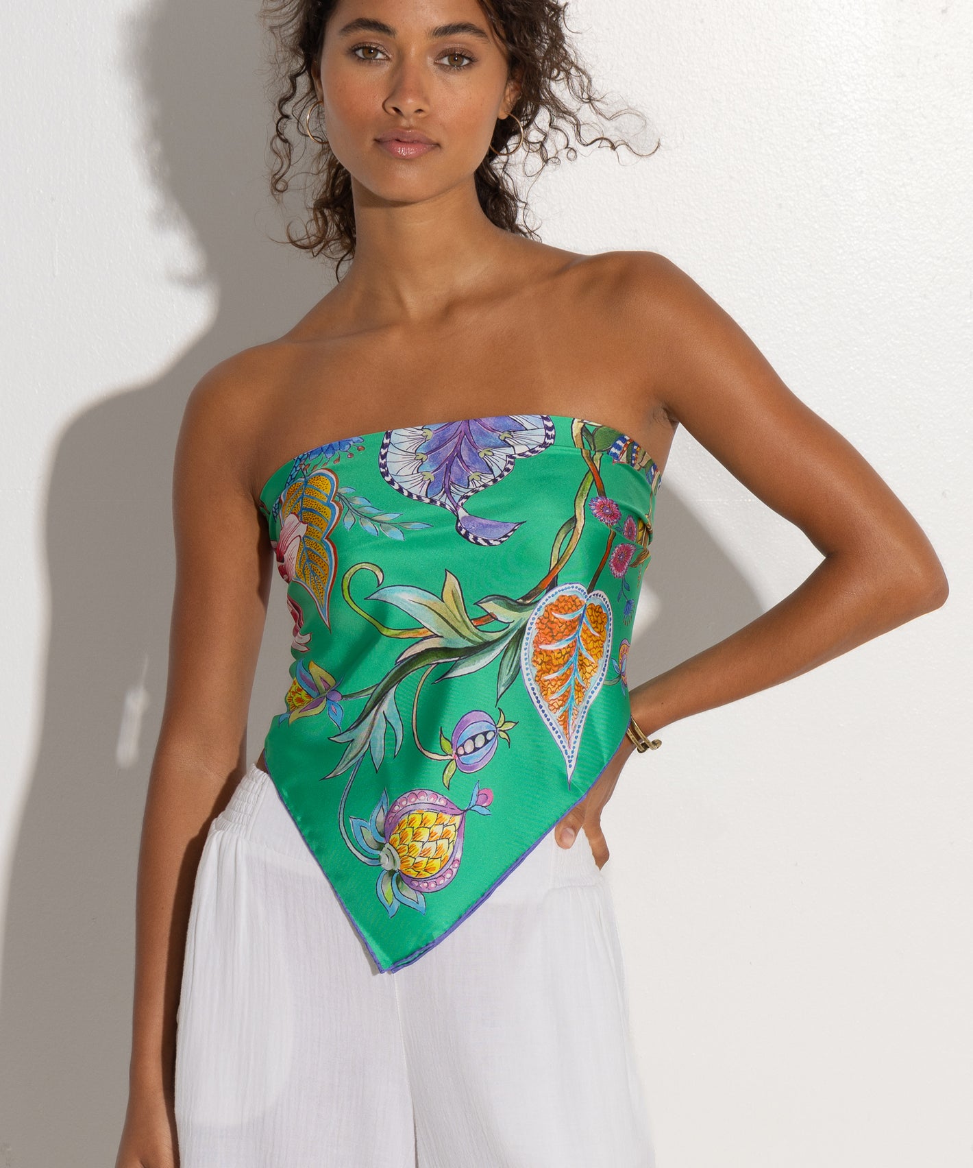 woman wearing sunkissed silk scarf as a top