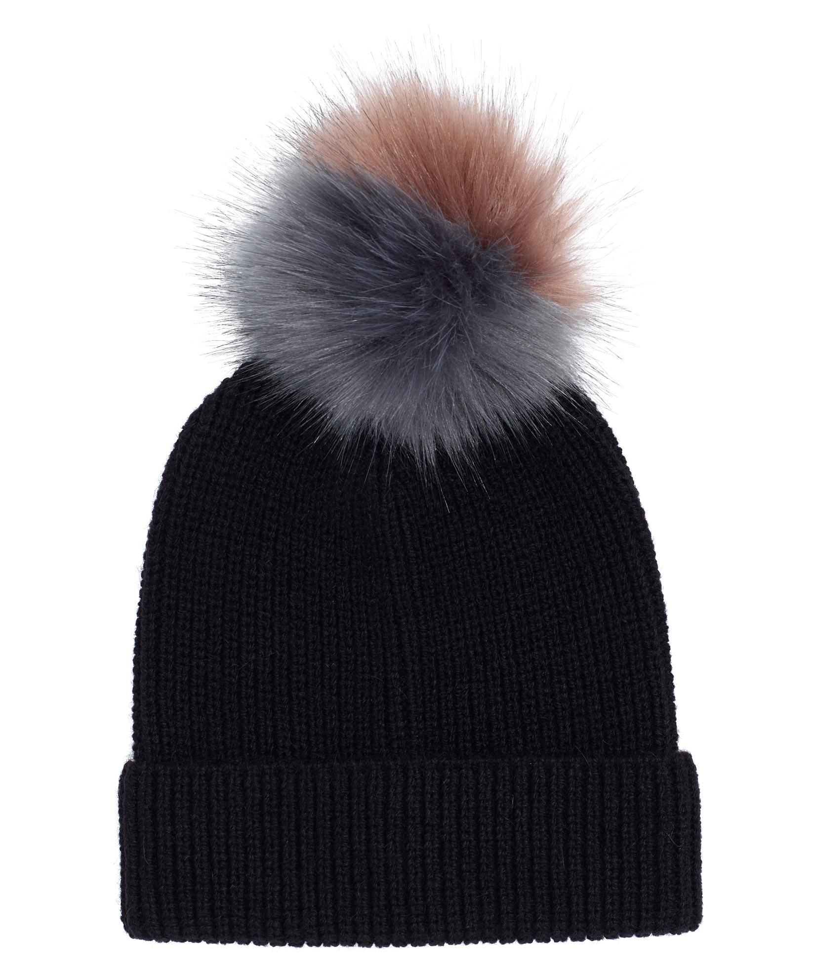 Echo Ribbed Faux Fur Pom Hat Black