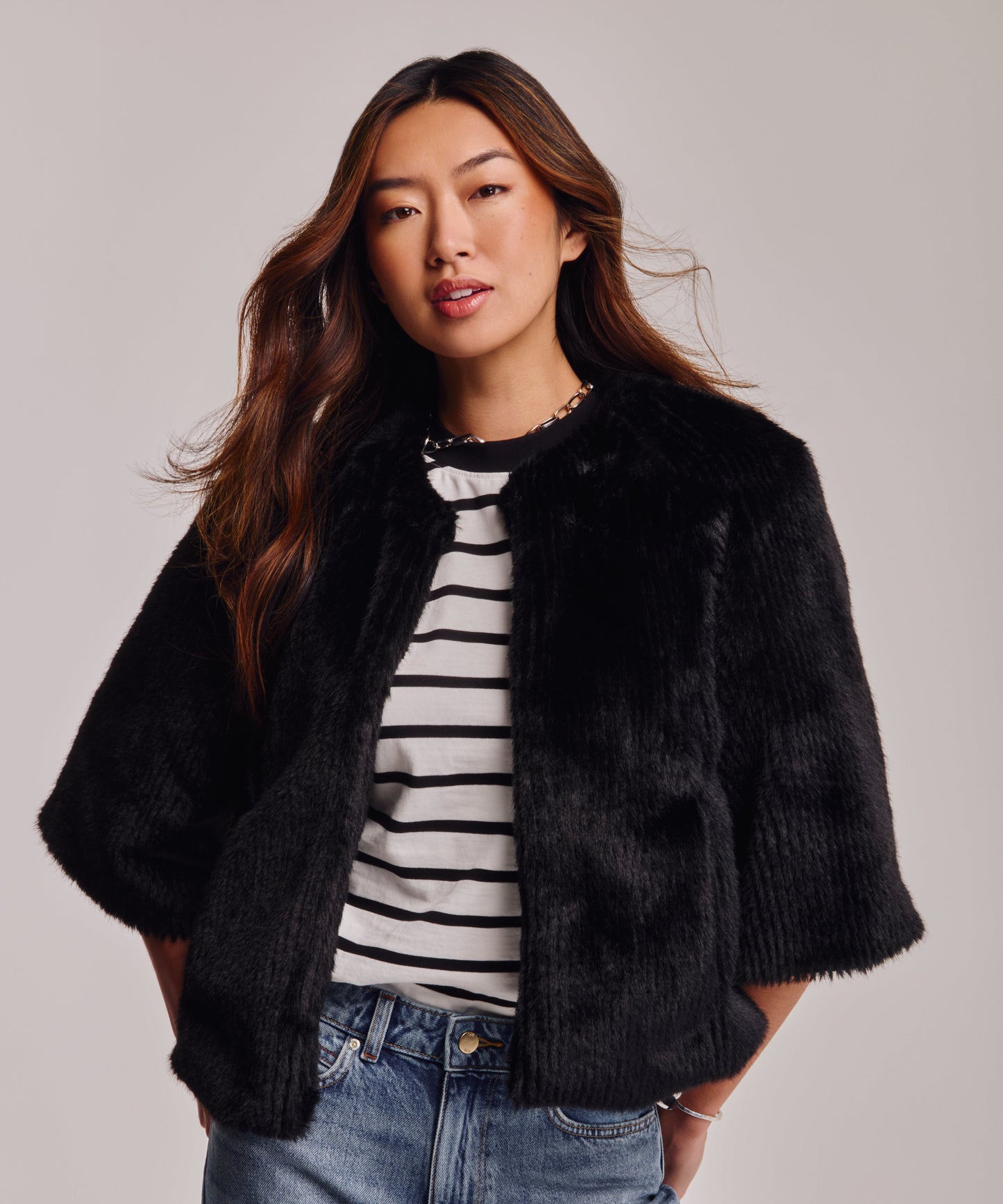 Collarless Fur Jacket With Raglan Sleeves color black