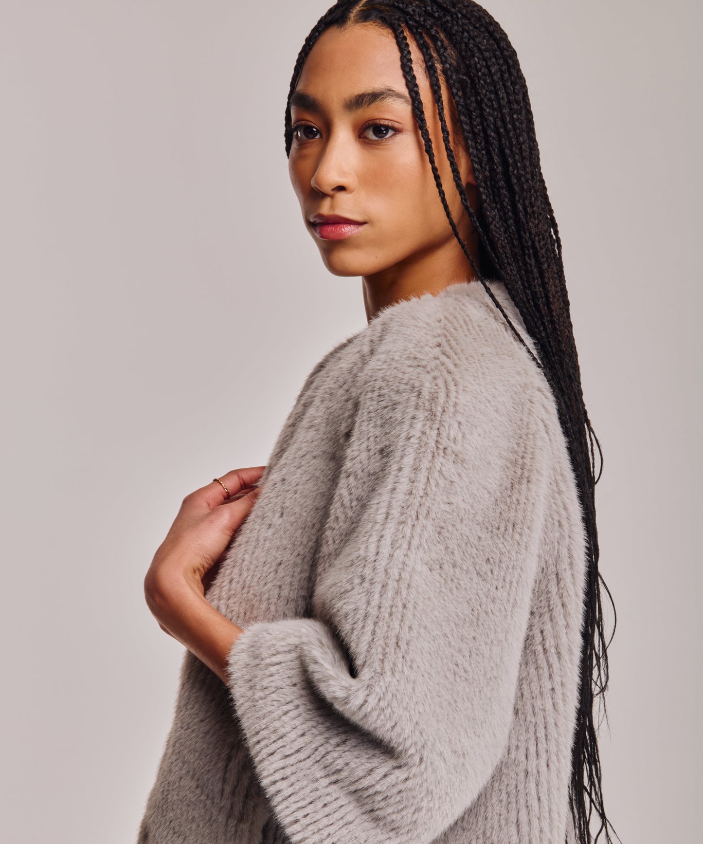 Collarless Fur Jacket With Raglan Sleeves color silver