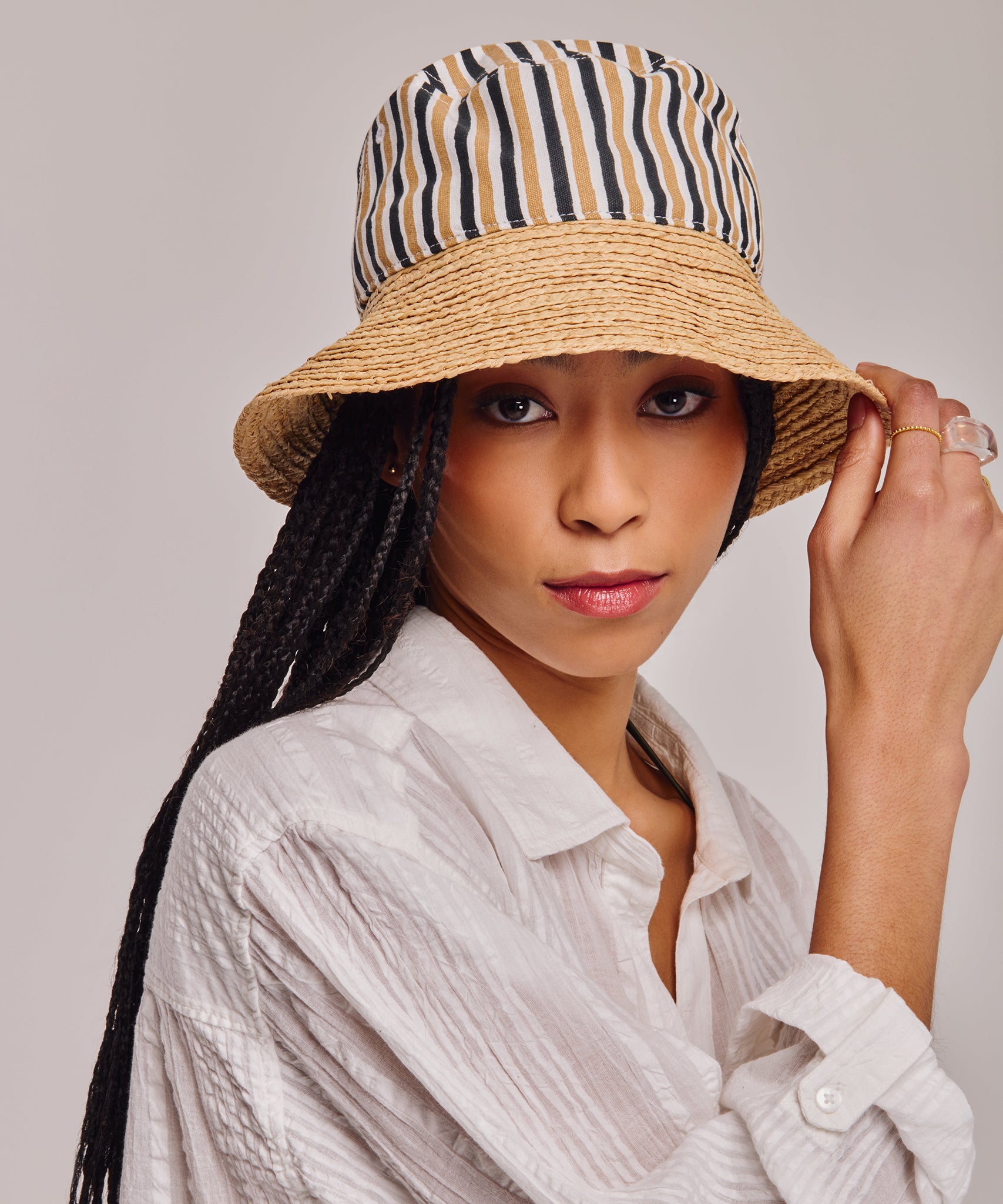 Montauk Stripe Bucket Hat in color semolina