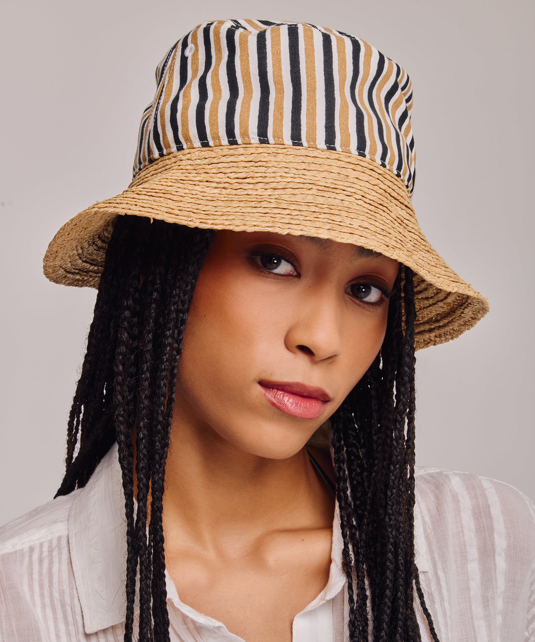 Montauk Stripe Bucket Hat in color semolina