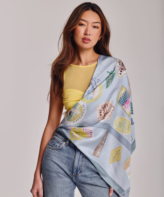 Travel Stickers 35" Silk Square Scarf in color blue shadow