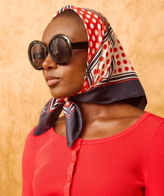 red polka dot scarf with blue border
