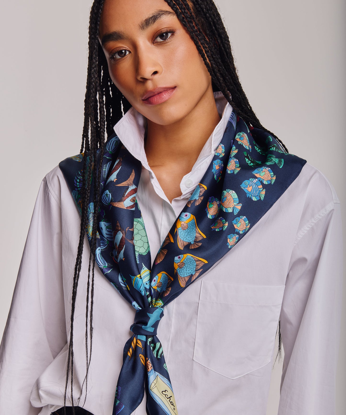Lost At Sea 35" Silk Square Scarf in color navy