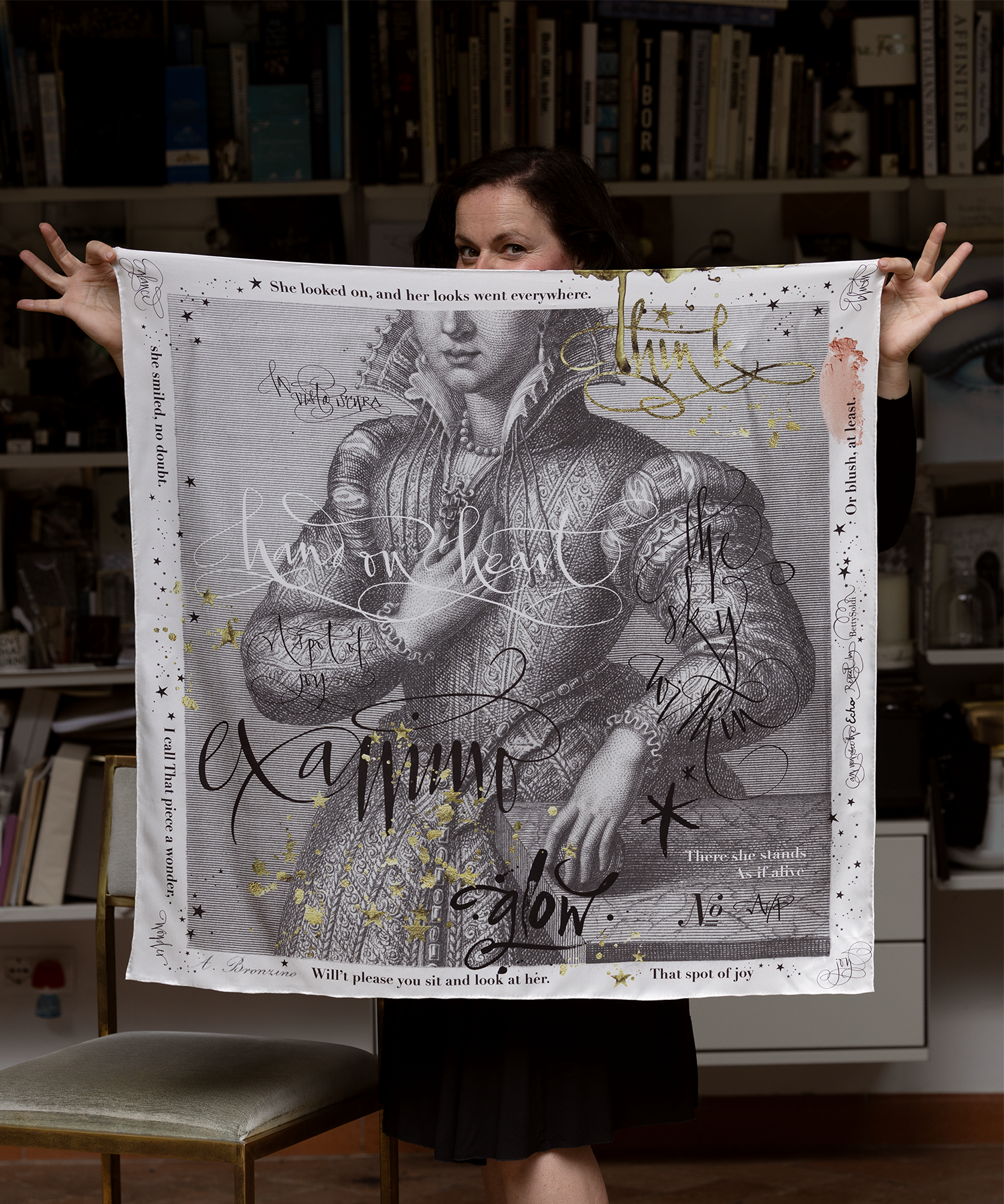 scarf designed by Betty Soldi being held by Betty Soldi