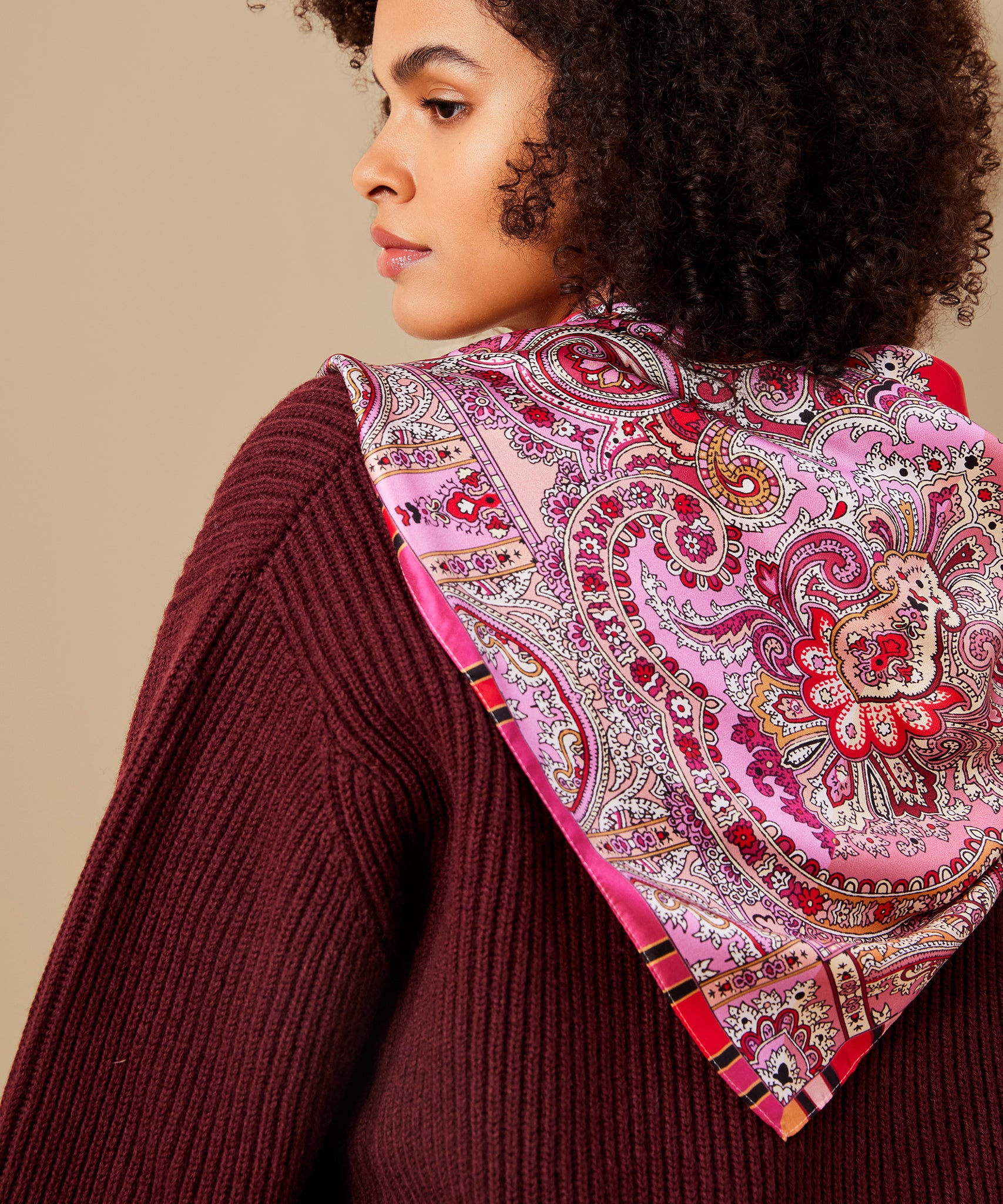 Colorblock Paisley Square in color Cherry on model
