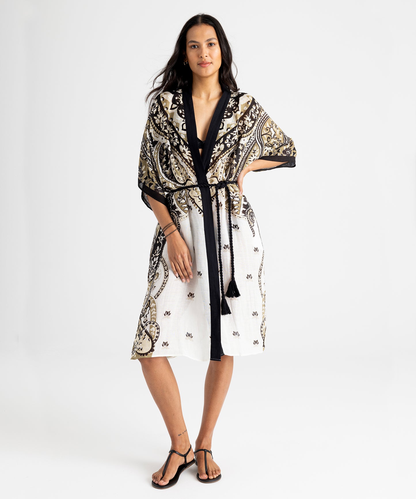 Paisley Longline Duster in color black on model
