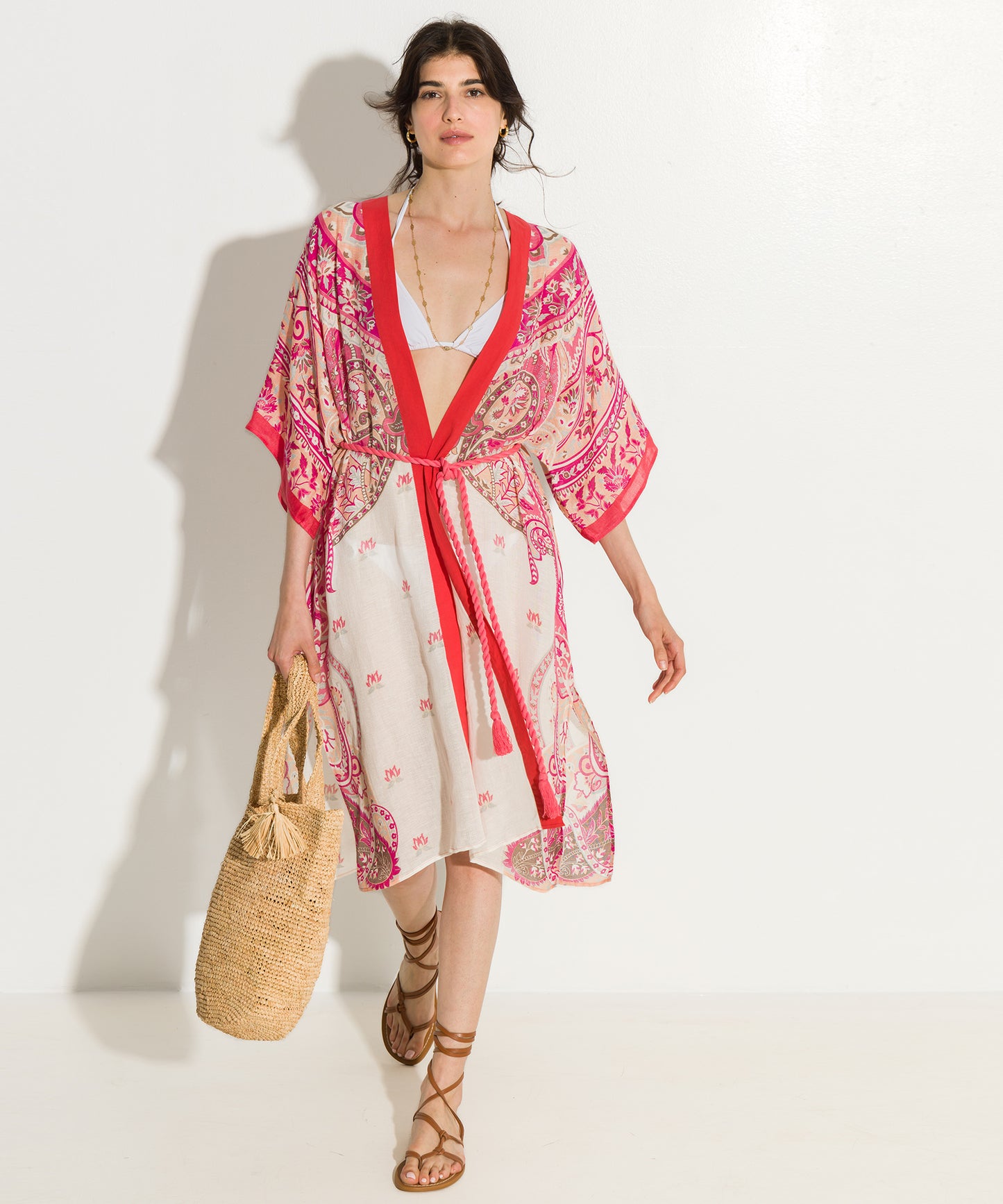 Paisley Longline Duster in color sunkissed coral on model