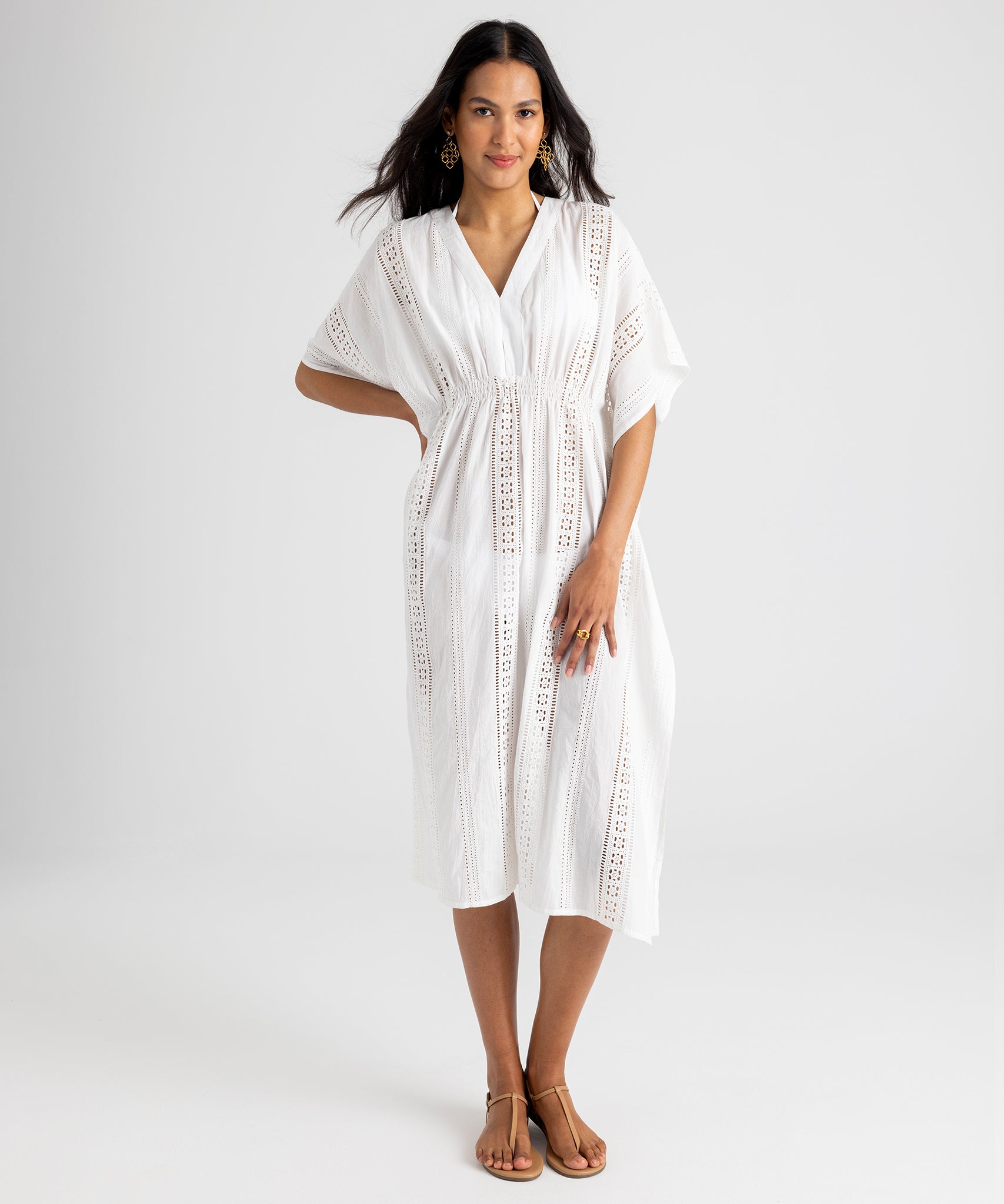 Eyelet Maxi Caftan in color White on model
