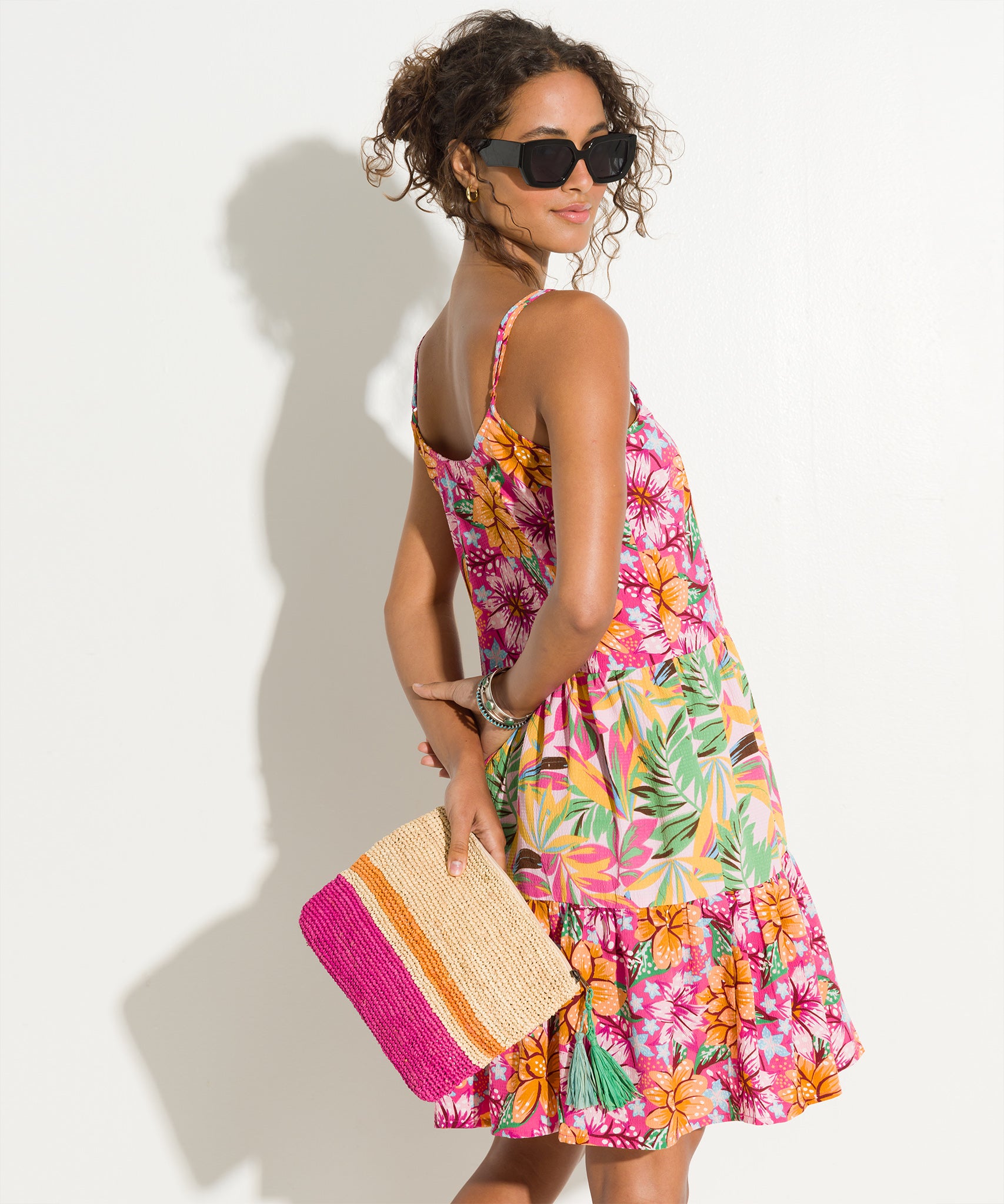 Lanai Slip Dress in color Hibiscus on model